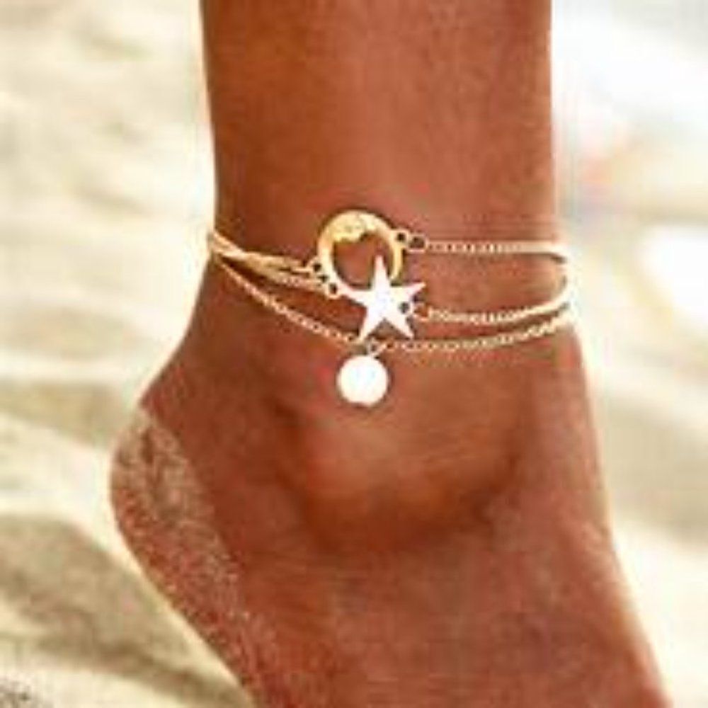Bohemian Moon Star Pearl Gold Anklet - 3 piece